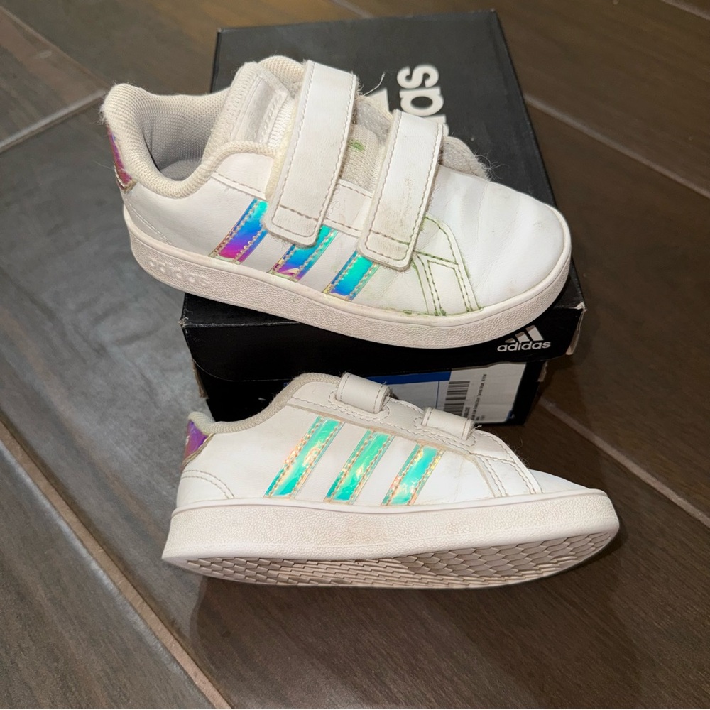 Adidas Toddler Grand Court I White Iridescent Stripe Velcro Slip On Sneakers 8K